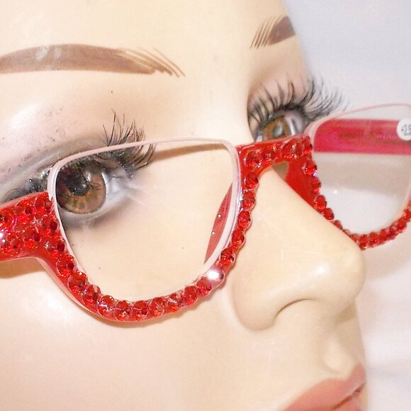READING GLASSES HALF MOON HALF RIM RED RHINESTONES 3.50 STRENGTH - Picture 3 of 4